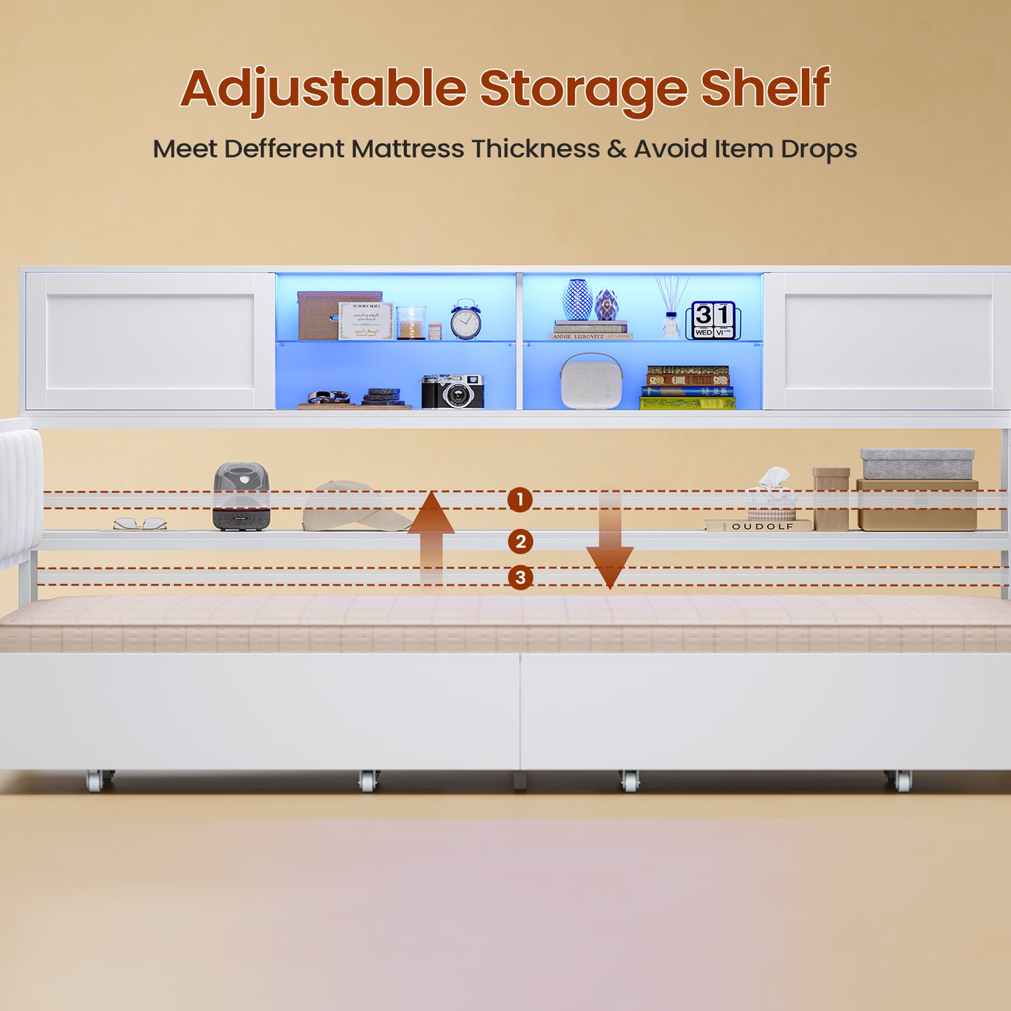 Twin Size Corner Bed Frame With Charging Station and LED Lights, Modern Metal Daybed Bed Frame with Desk and 2 Storage Drawers, White