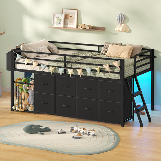 Low Loft Bed Twin Size with 8 Storage Drawers, Twin Loft Bed with LED Lights and Play Zone, Metal Loft Bed with Under-bed Play Space, No Box Spring Needed, Black