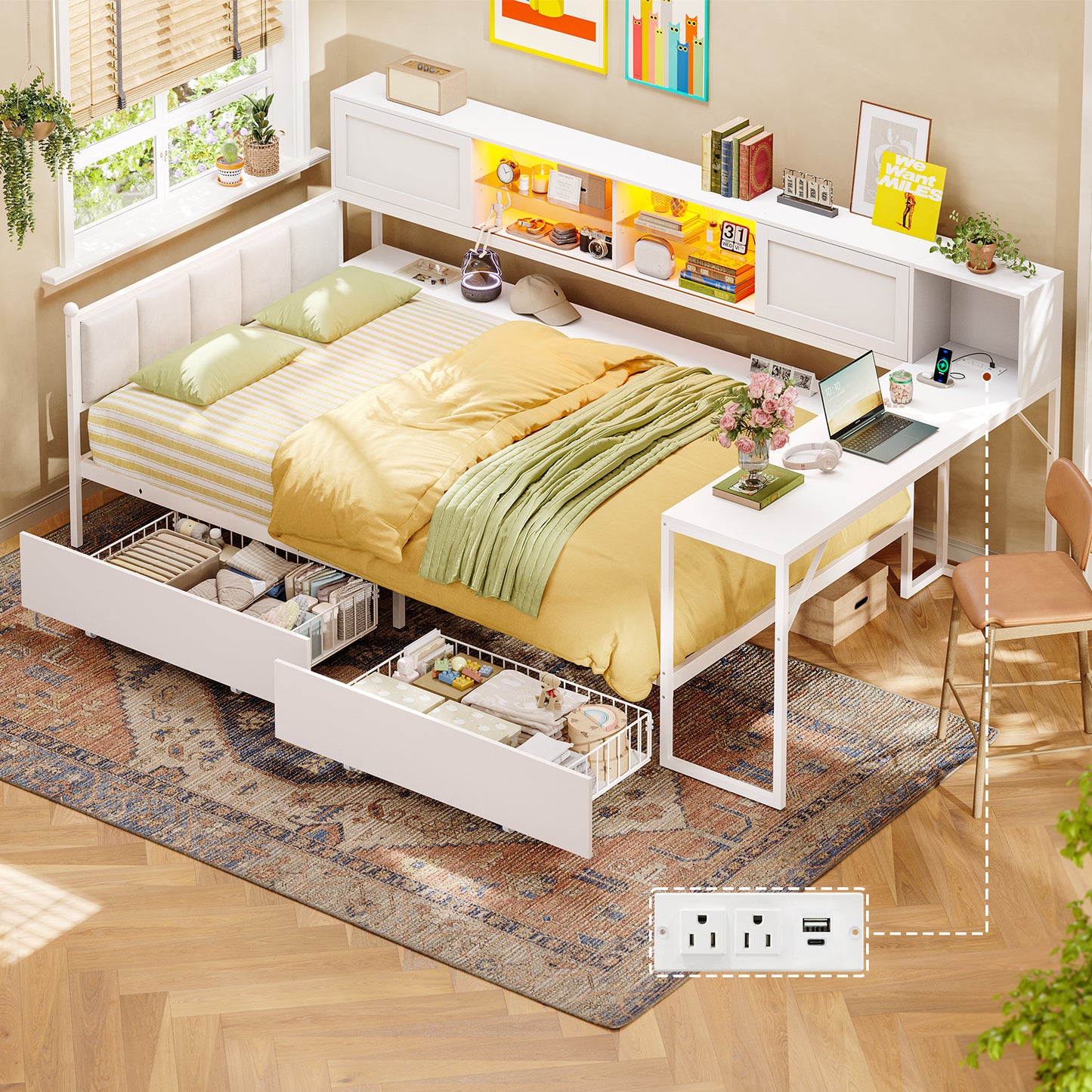 Twin Size Corner Bed Frame With Charging Station and LED Lights, Modern Metal Daybed Bed Frame with Desk and 2 Storage Drawers, White