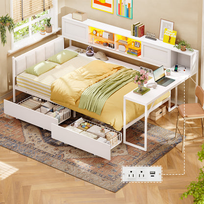 Twin Size Corner Bed Frame With Charging Station and LED Lights, Modern Metal Daybed Bed Frame with Desk and 2 Storage Drawers, White