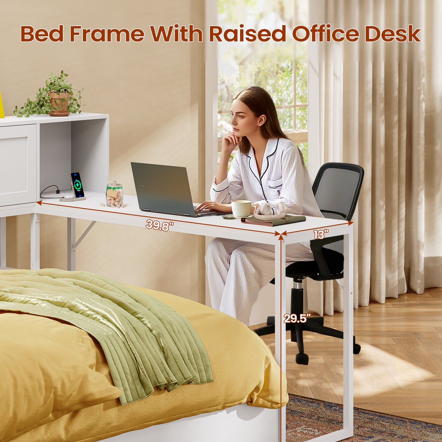 Twin Size Corner Bed Frame With Charging Station and LED Lights, Modern Metal Daybed Bed Frame with Desk and 2 Storage Drawers, White