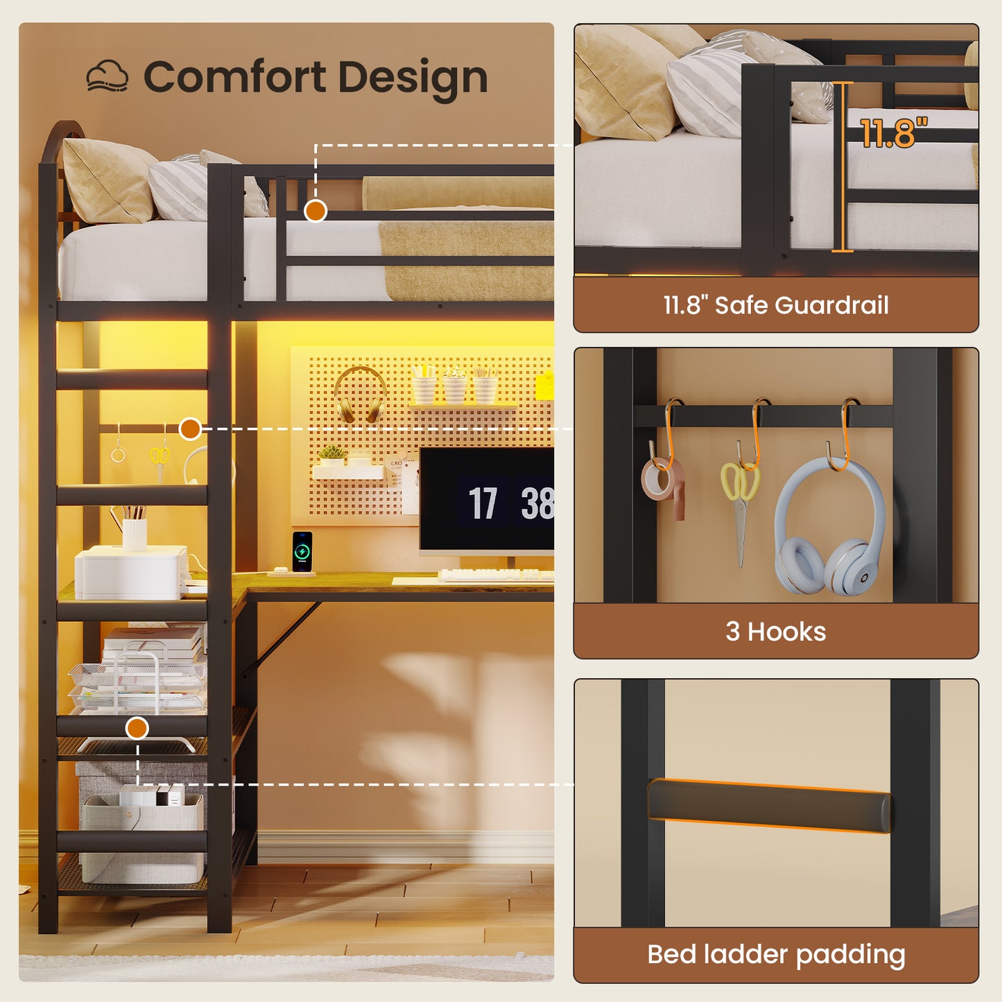 Twin Size Loft Bed with L Shaped Desk and 4 Drawers, Metal Bed Frame with Storage Shelf, Power Outlet and LED Lighted, No Box Spring Needed, Black
