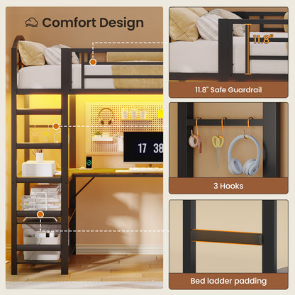 Twin Size Loft Bed with L Shaped Desk and 4 Drawers, Metal Bed Frame with Storage Shelf, Power Outlet and LED Lighted, No Box Spring Needed, Black