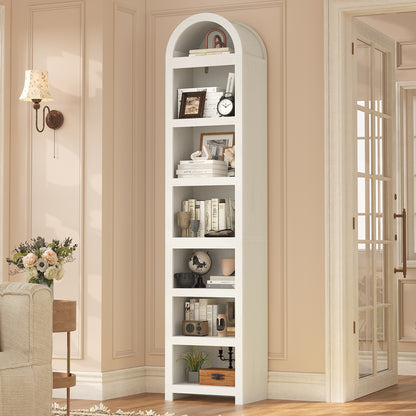 76" Tall Narrow Arched Bookcase, 7-Teir Mid-Century Modern Bookshelf with Adjustable Shelves for Living Room, Home Office, White