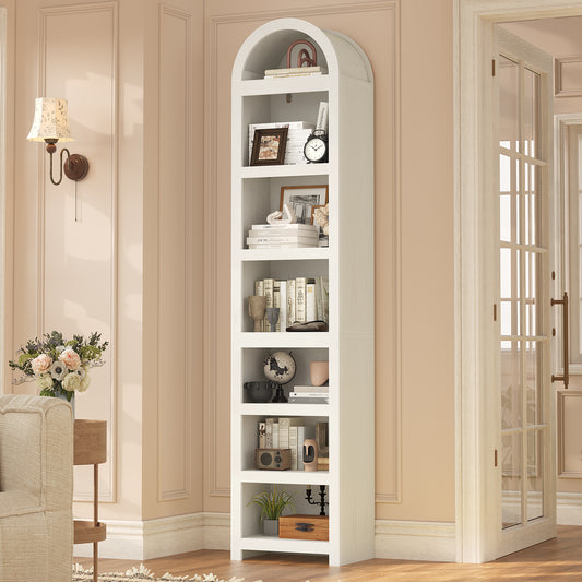 76" Tall Narrow Arched Bookcase, 7-Teir Mid-Century Modern Bookshelf with Adjustable Shelves for Living Room, Home Office, White