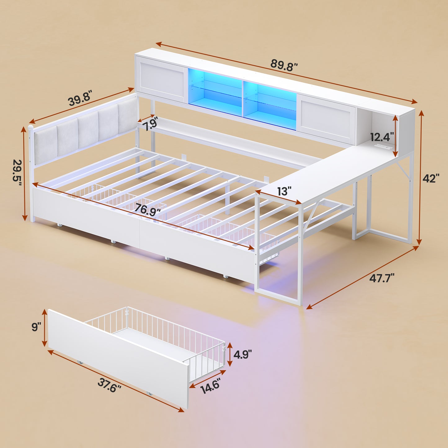 Twin Size Corner Bed Frame With Charging Station and LED Lights, Modern Metal Daybed Bed Frame with Desk and 2 Storage Drawers, White