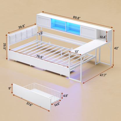Twin Size Corner Bed Frame With Charging Station and LED Lights, Modern Metal Daybed Bed Frame with Desk and 2 Storage Drawers, White