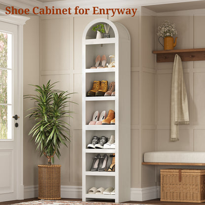 76" Tall Narrow Arched Bookcase, 7-Teir Mid-Century Modern Bookshelf with Adjustable Shelves for Living Room, Home Office, White