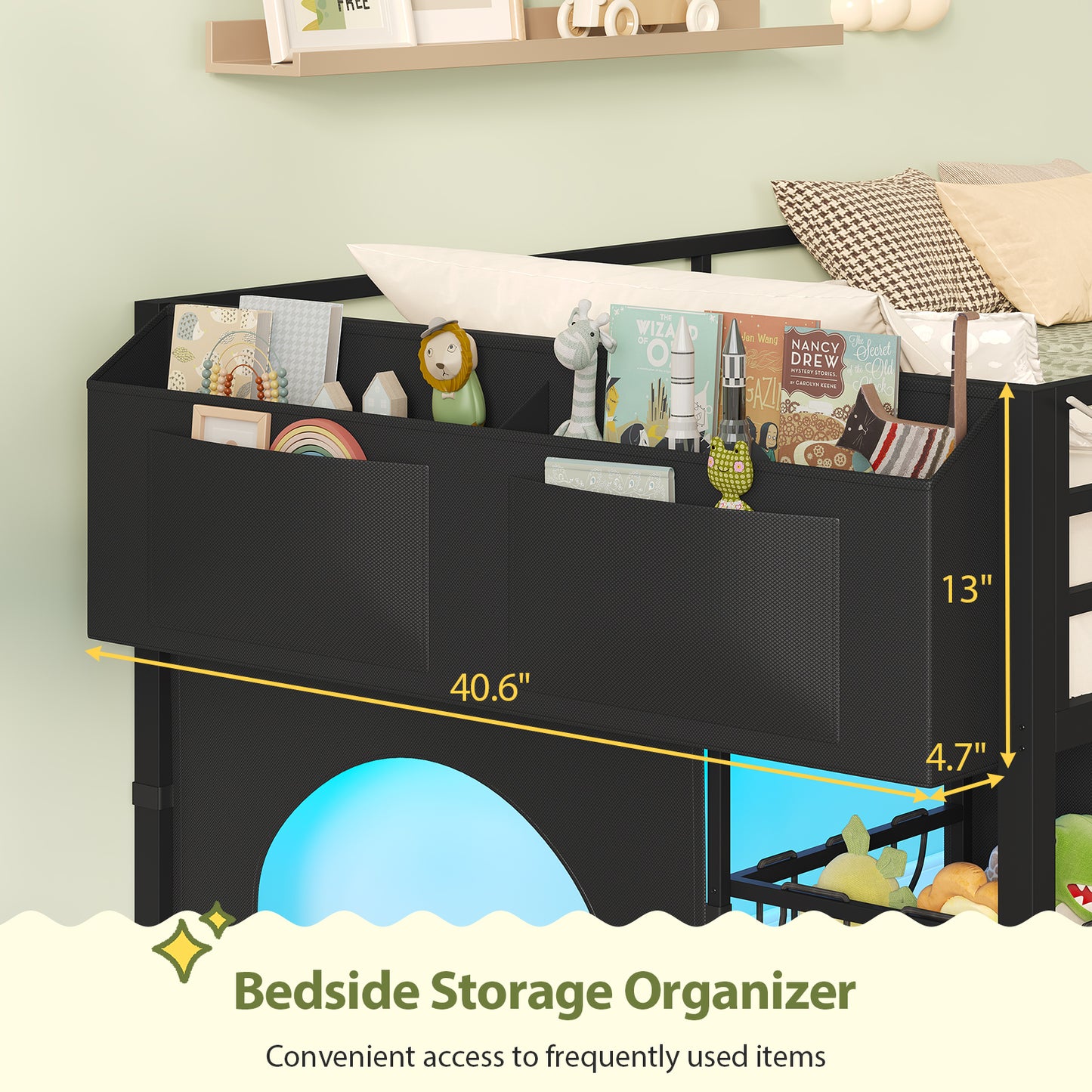 Low Loft Bed Twin Size with 8 Storage Drawers, Twin Loft Bed with LED Lights and Play Zone, Metal Loft Bed with Under-bed Play Space, No Box Spring Needed, Black