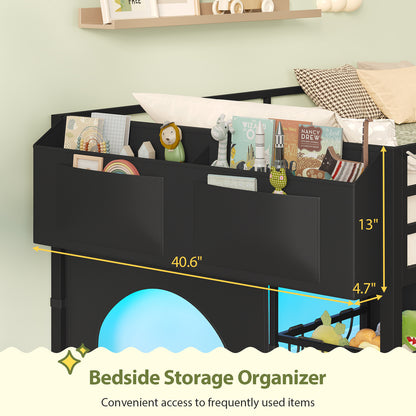 Low Loft Bed Twin Size with 8 Storage Drawers, Twin Loft Bed with LED Lights and Play Zone, Metal Loft Bed with Under-bed Play Space, No Box Spring Needed, Black