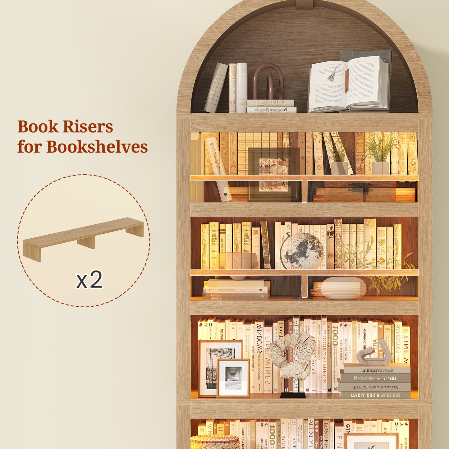 79.4" Tall Arched Cabinet, Modern 7-Tier Bookshelf with RGB Light and Adjustable Shelf, Oak