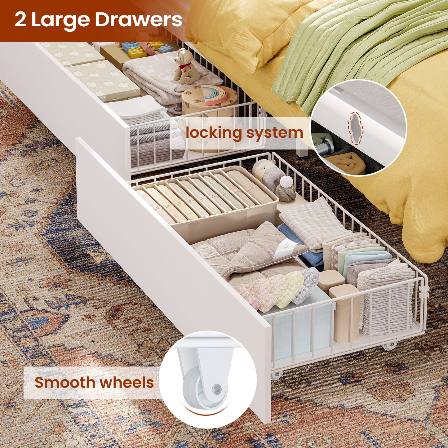 Twin Size Corner Bed Frame With Charging Station and LED Lights, Modern Metal Daybed Bed Frame with Desk and 2 Storage Drawers, White