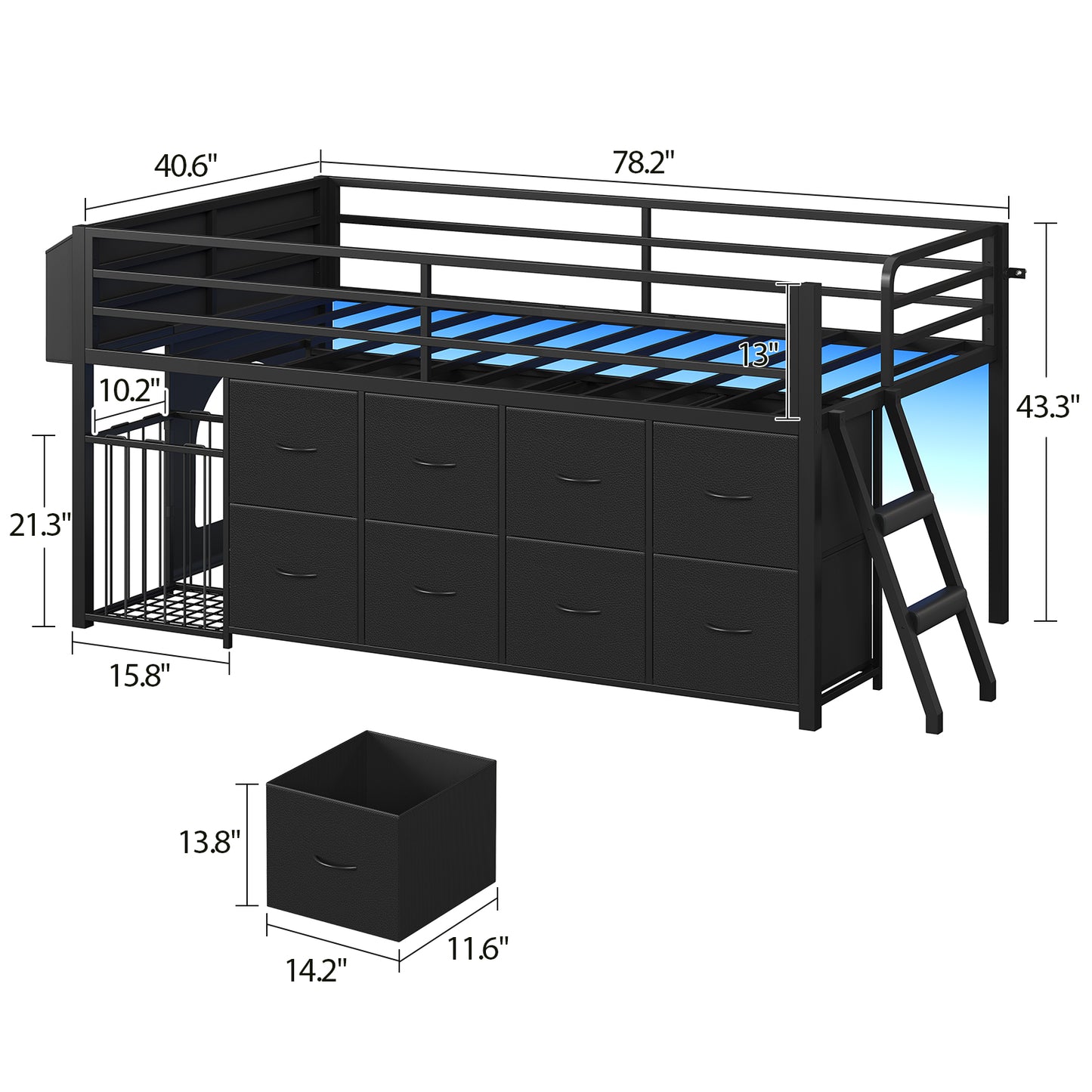 Low Loft Bed Twin Size with 8 Storage Drawers, Twin Loft Bed with LED Lights and Play Zone, Metal Loft Bed with Under-bed Play Space, No Box Spring Needed, Black