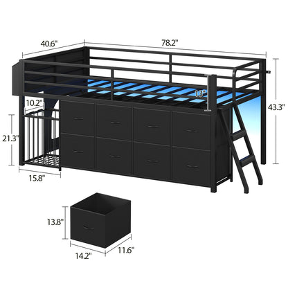 Low Loft Bed Twin Size with 8 Storage Drawers, Twin Loft Bed with LED Lights and Play Zone, Metal Loft Bed with Under-bed Play Space, No Box Spring Needed, Black