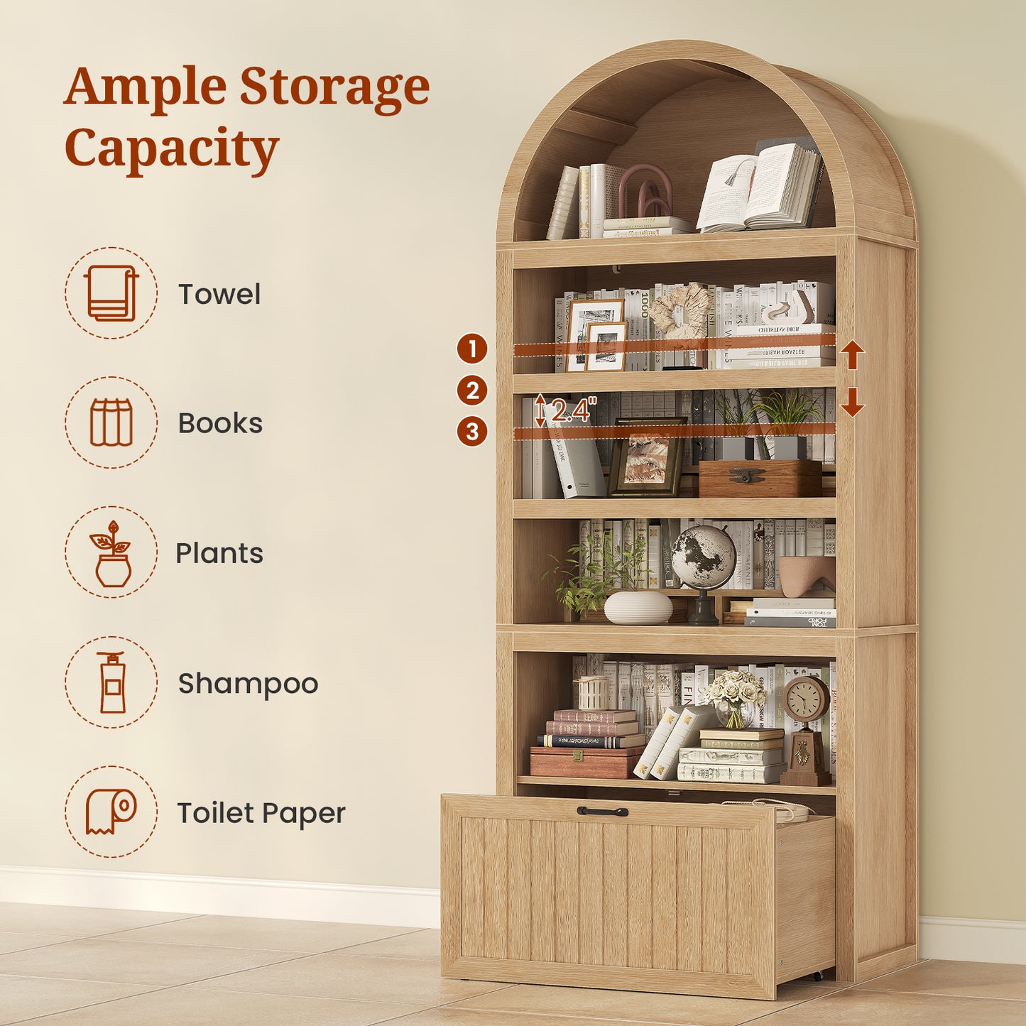 81" Tall Arched Cabinets, Bookcase with Storage Drawer, Mid-Century Modern 5-Tier Bookshelf for Living Room, Kitchen, Home Office, Oak