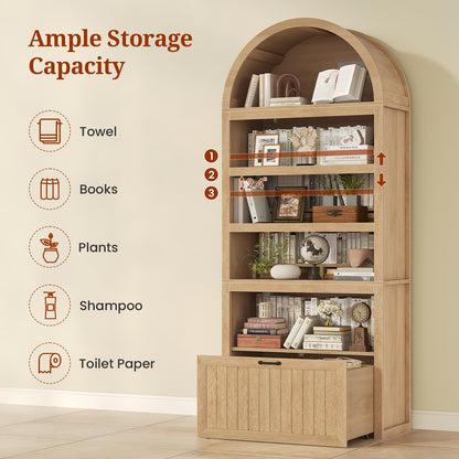 81" Tall Arched Cabinets, Bookcase with Storage Drawer, Mid-Century Modern 5-Tier Bookshelf for Living Room, Kitchen, Home Office, Oak