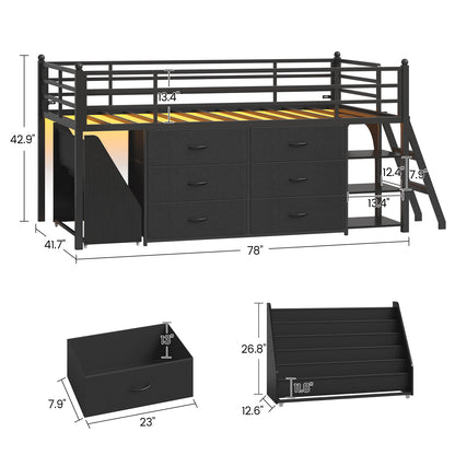 Frhnenha Low Loft Bed Twin Size with 6 Storage Drawers, Metal Loft Bed with 5-Tier Mobile Bookshelf and LED Lights, Under-Bed Play Space, Black