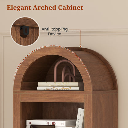 76" Tall Narrow Arched Bookcase, 7-Teir Mid-Century Modern Bookshelf with Adjustable Shelves for Living Room, Home Office, Brown