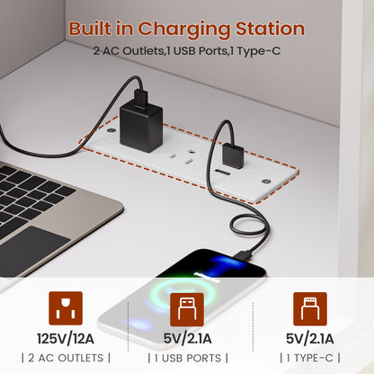Twin Size Corner Bed Frame With Charging Station and LED Lights, Modern Metal Daybed Bed Frame with Desk and 2 Storage Drawers, White
