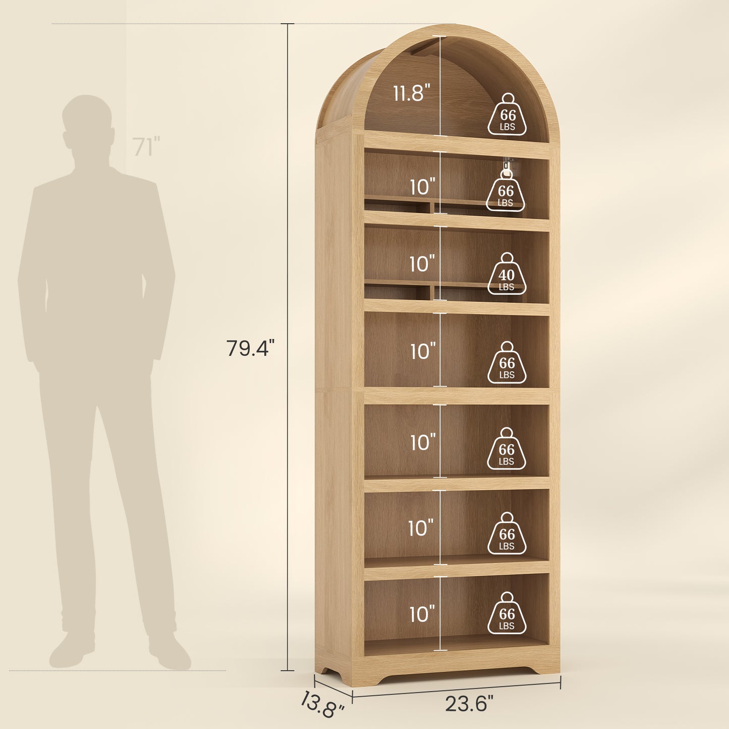 79.4" Tall Arched Cabinet, Modern 7-Tier Bookshelf with RGB Light and Adjustable Shelf, Oak