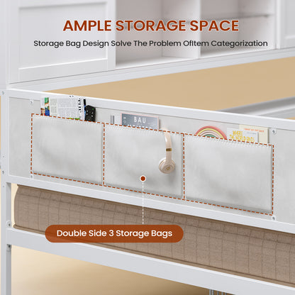 Twin Size Corner Bed Frame With Charging Station and LED Lights, Modern Metal Daybed Bed Frame with Desk and 2 Storage Drawers, White