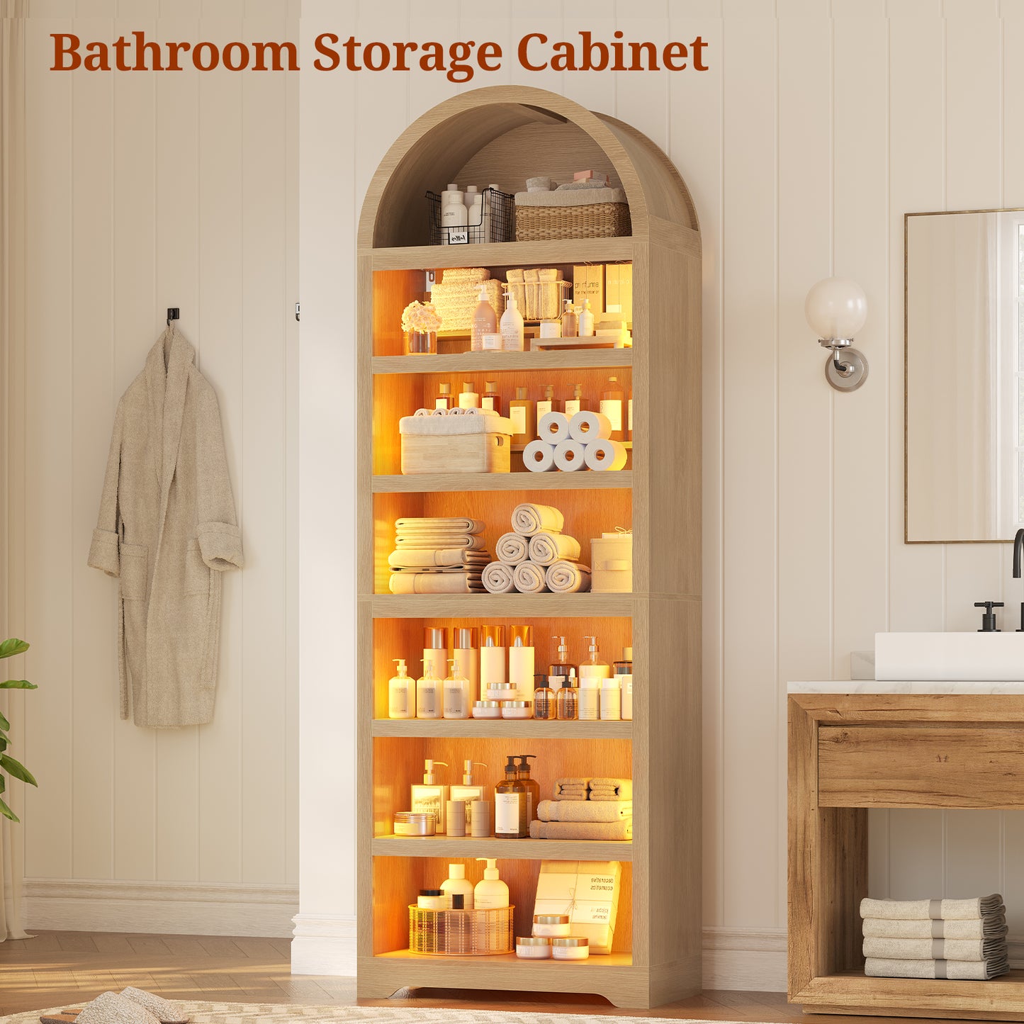 79.4" Tall Arched Cabinet, Modern 7-Tier Bookshelf with RGB Light and Adjustable Shelf, Oak
