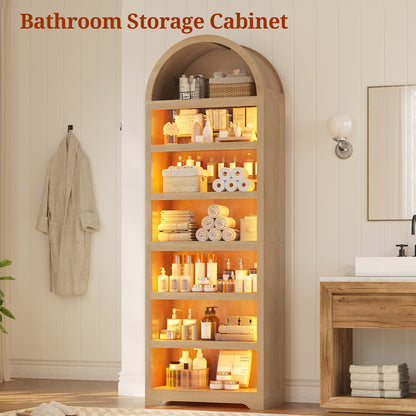 79.4" Tall Arched Cabinet, Modern 7-Tier Bookshelf with RGB Light and Adjustable Shelf, Oak