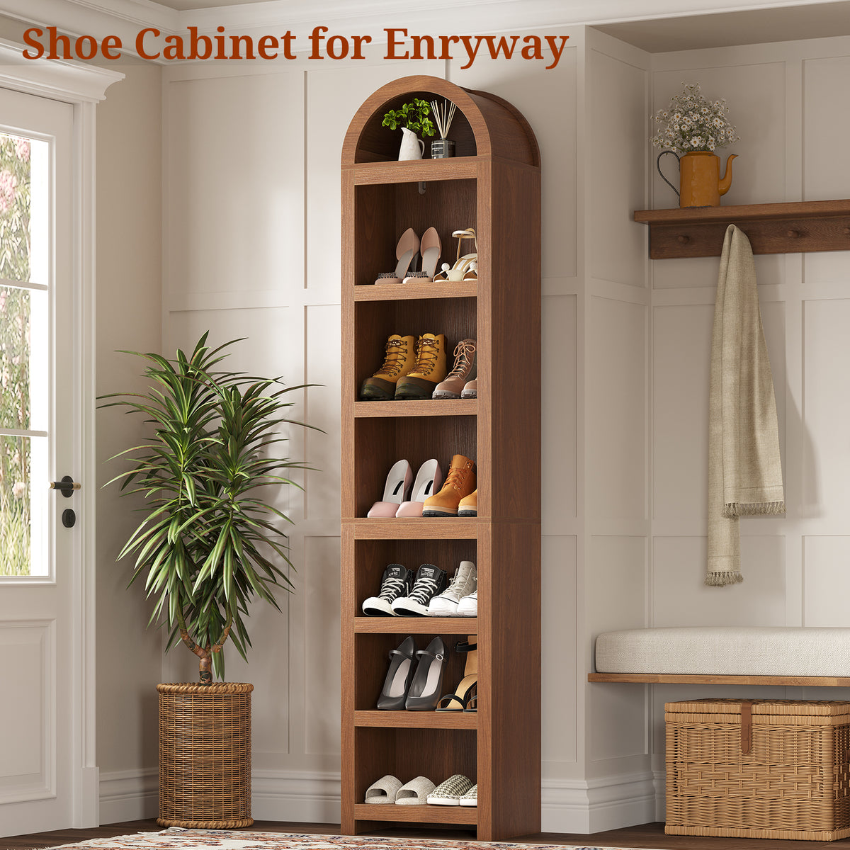 76" Tall Narrow Arched Bookcase, 7-Teir Mid-Century Modern Bookshelf with Adjustable Shelves for Living Room, Home Office, Brown