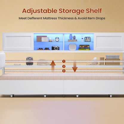 Twin Size Corner Bed Frame With Charging Station and LED Lights, Modern Metal Daybed Bed Frame with 2 Storage Drawers, White