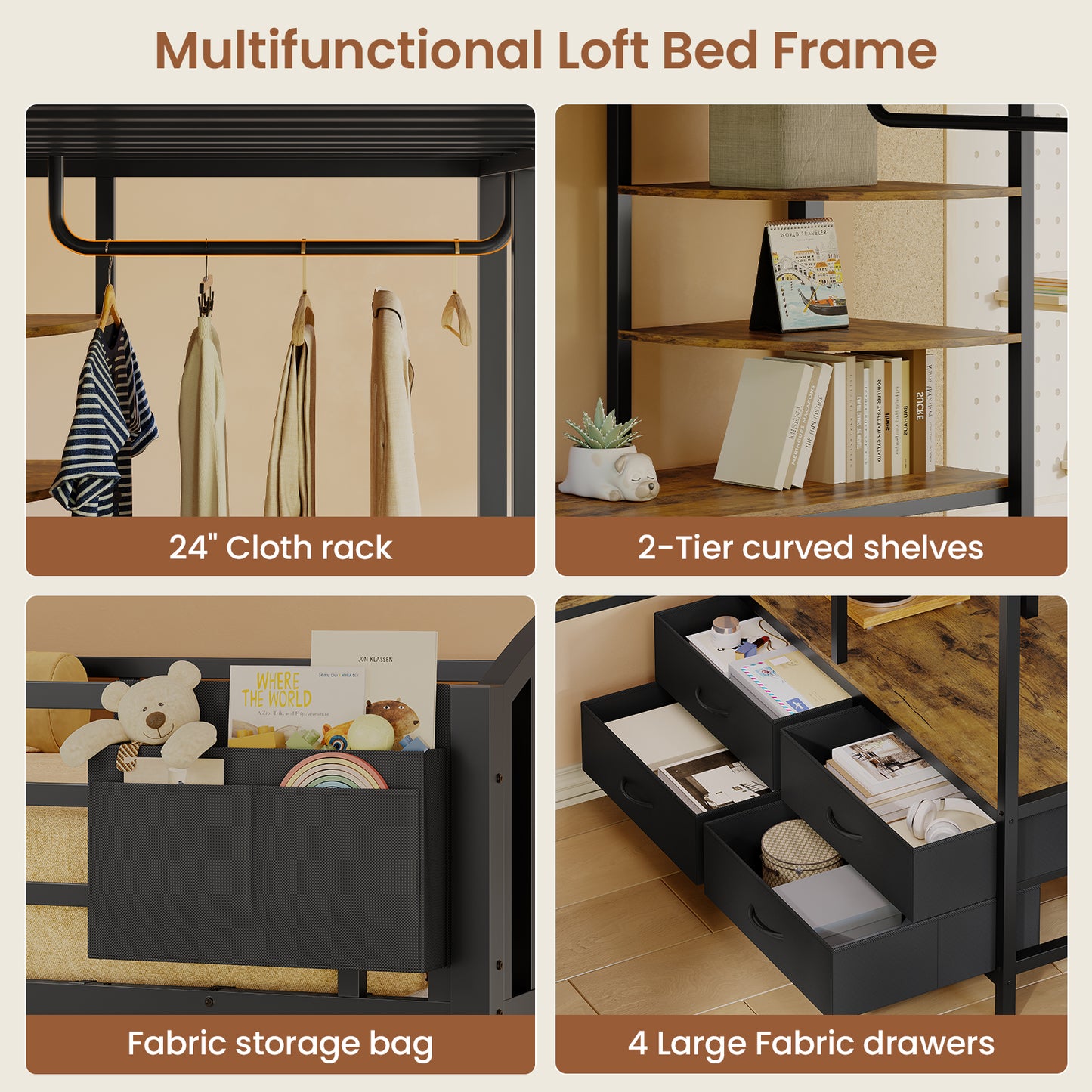 Twin Size Loft Bed with L Shaped Desk and 4 Drawers, Metal Bed Frame with Storage Shelf, Power Outlet and LED Lighted, No Box Spring Needed, Black