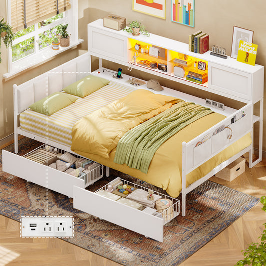 Twin Size Corner Bed Frame With Charging Station and LED Lights, Modern Metal Daybed Bed Frame with 2 Storage Drawers, White