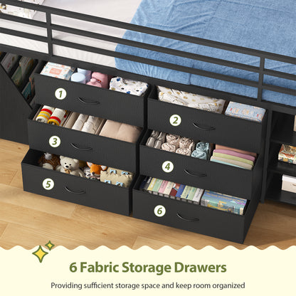 Frhnenha Low Loft Bed Twin Size with 6 Storage Drawers, Metal Loft Bed with 5-Tier Mobile Bookshelf and LED Lights, Under-Bed Play Space, Black