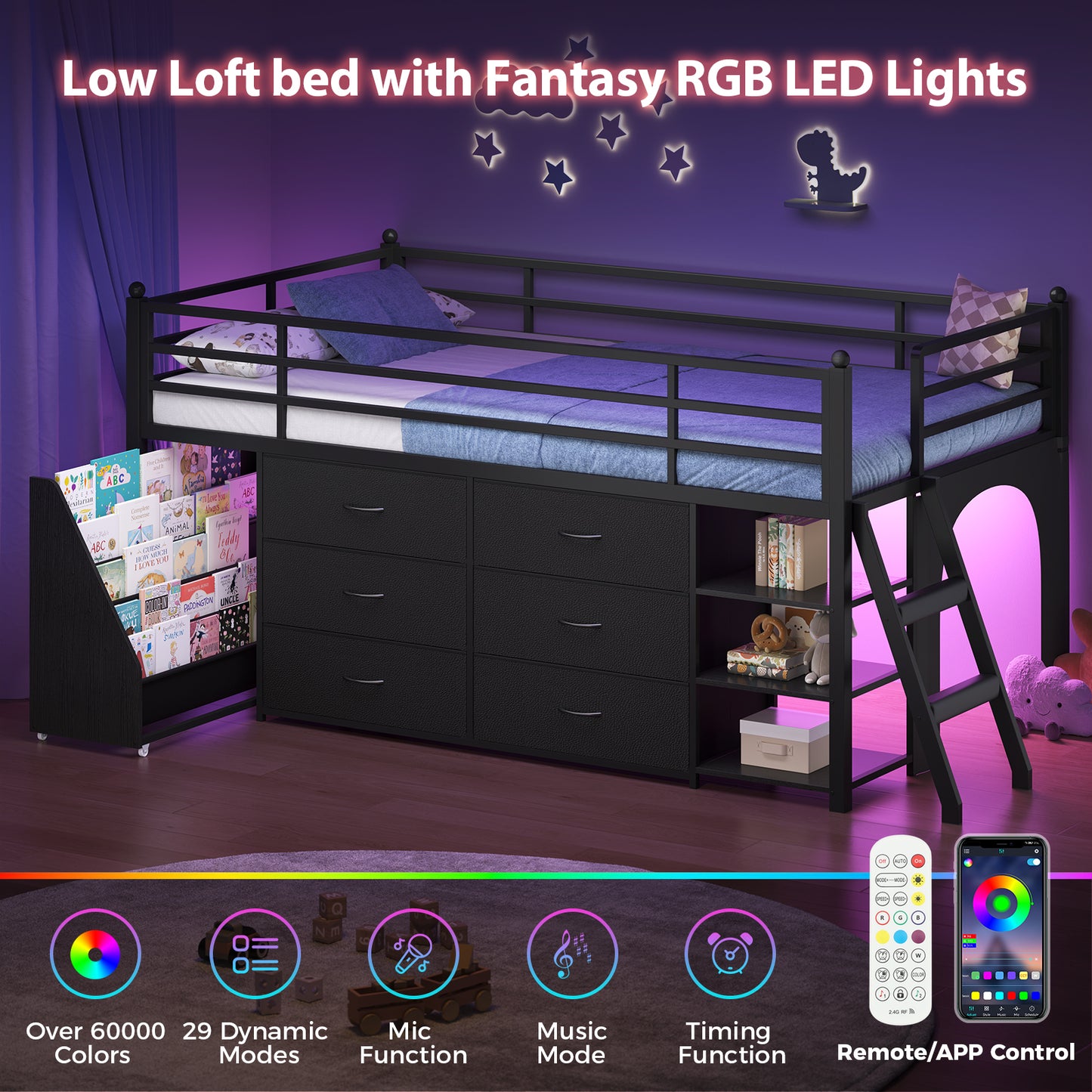 Frhnenha Low Loft Bed Twin Size with 6 Storage Drawers, Metal Loft Bed with 5-Tier Mobile Bookshelf and LED Lights, Under-Bed Play Space, Black
