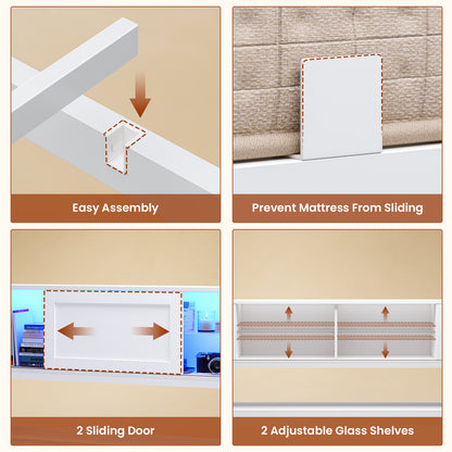Twin Size Corner Bed Frame With Charging Station and LED Lights, Modern Metal Daybed Bed Frame with Desk and 2 Storage Drawers, White