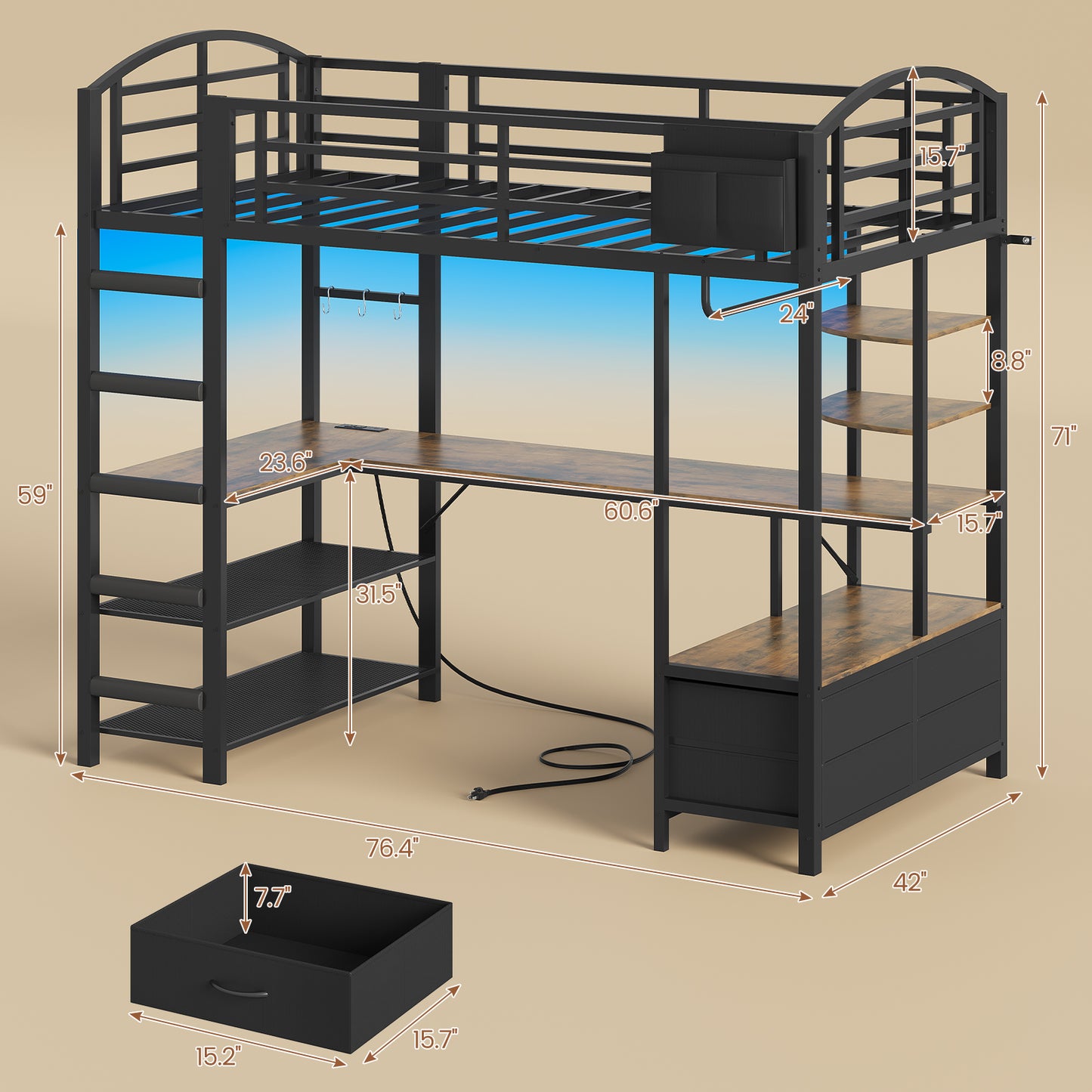 Twin Size Loft Bed with L Shaped Desk and 4 Drawers, Metal Bed Frame with Storage Shelf, Power Outlet and LED Lighted, No Box Spring Needed, Black