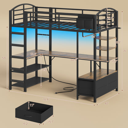 Twin Size Loft Bed with L Shaped Desk and 4 Drawers, Metal Bed Frame with Storage Shelf, Power Outlet and LED Lighted, No Box Spring Needed, Black