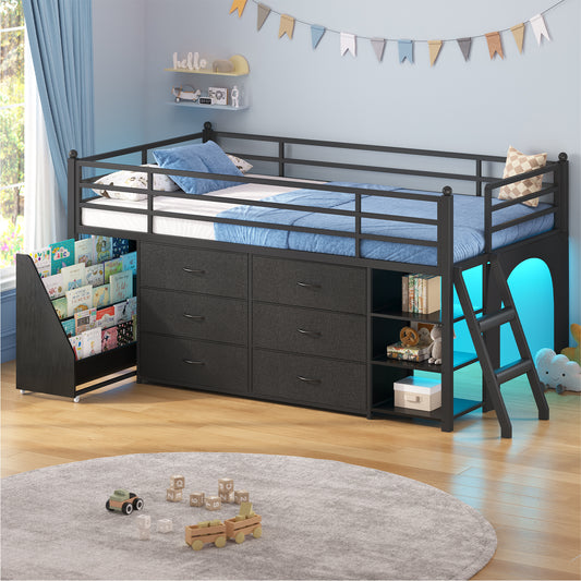 Frhnenha Low Loft Bed Twin Size with 6 Storage Drawers, Metal Loft Bed with 5-Tier Mobile Bookshelf and LED Lights, Under-Bed Play Space, Black