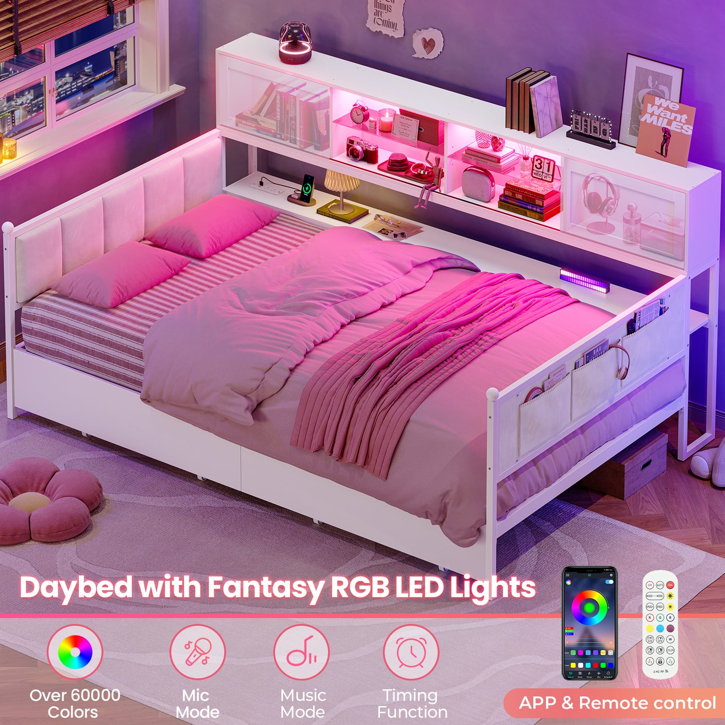 Twin Size Corner Bed Frame With Charging Station and LED Lights, Modern Metal Daybed Bed Frame with 2 Storage Drawers, White