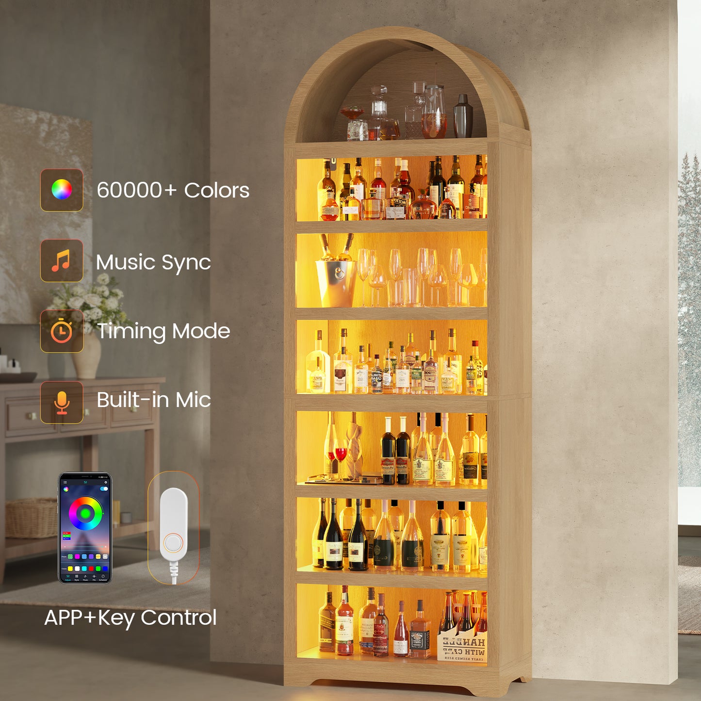 79.4" Tall Arched Cabinet, Modern 7-Tier Bookshelf with RGB Light and Adjustable Shelf, Oak