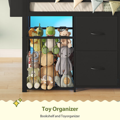 Low Loft Bed Twin Size with 8 Storage Drawers, Twin Loft Bed with LED Lights and Play Zone, Metal Loft Bed with Under-bed Play Space, No Box Spring Needed, Black