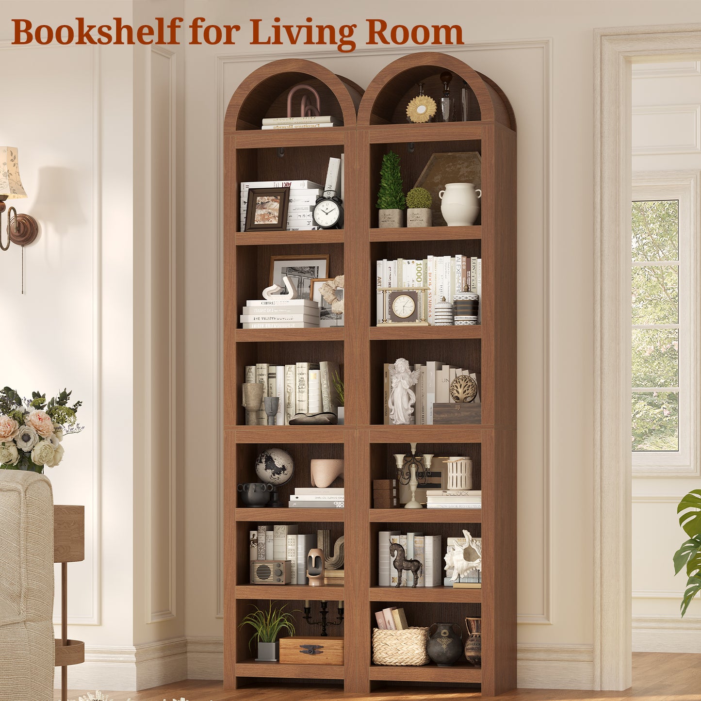 76" Tall Narrow Arched Bookcase, 7-Teir Mid-Century Modern Bookshelf with Adjustable Shelves for Living Room, Home Office, Brown
