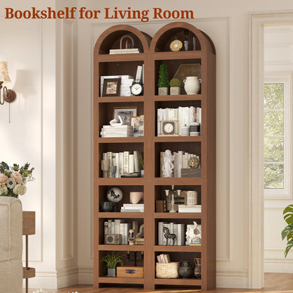 76" Tall Narrow Arched Bookcase, 7-Teir Mid-Century Modern Bookshelf with Adjustable Shelves for Living Room, Home Office, Brown
