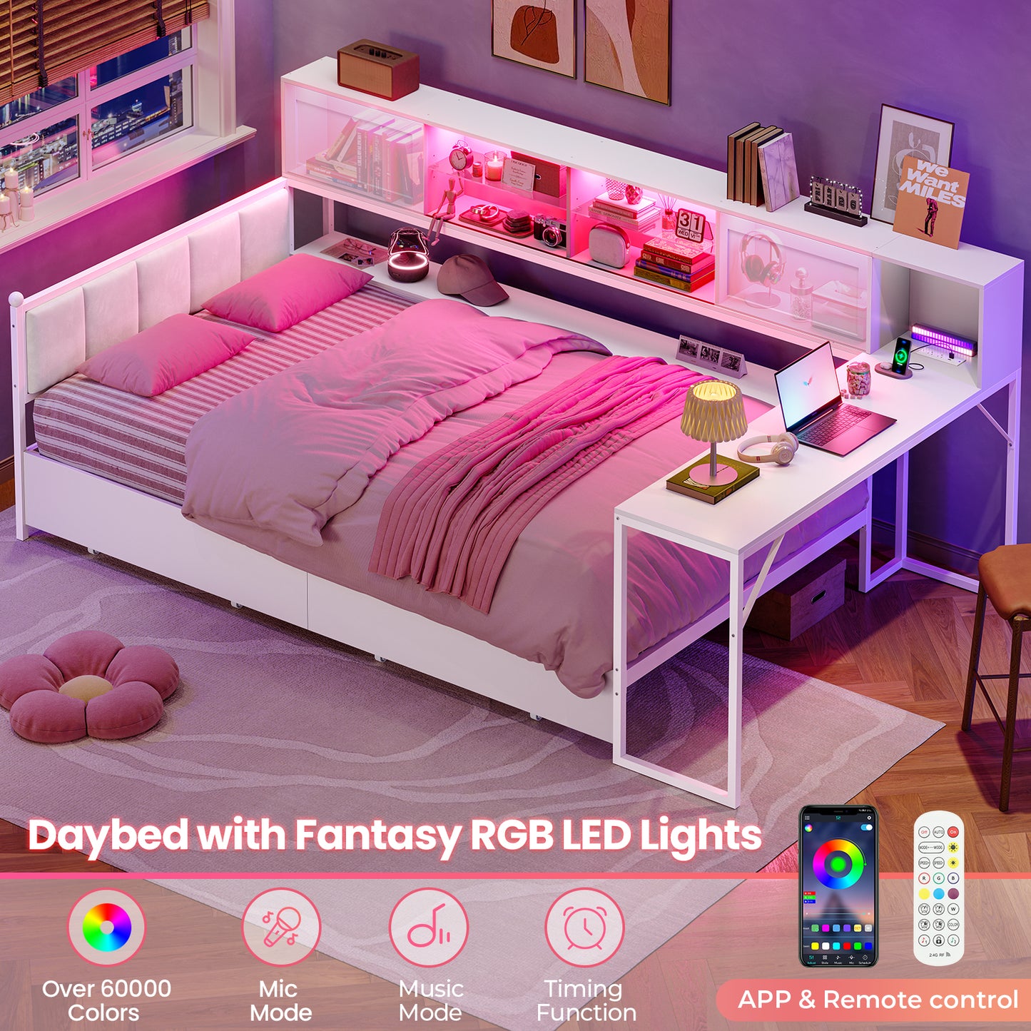 Twin Size Corner Bed Frame With Charging Station and LED Lights, Modern Metal Daybed Bed Frame with Desk and 2 Storage Drawers, White