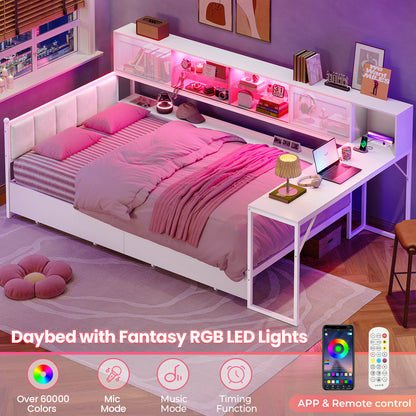 Twin Size Corner Bed Frame With Charging Station and LED Lights, Modern Metal Daybed Bed Frame with Desk and 2 Storage Drawers, White