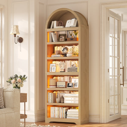79.4" Tall Arched Cabinet, Modern 7-Tier Bookshelf with RGB Light and Adjustable Shelf, Oak