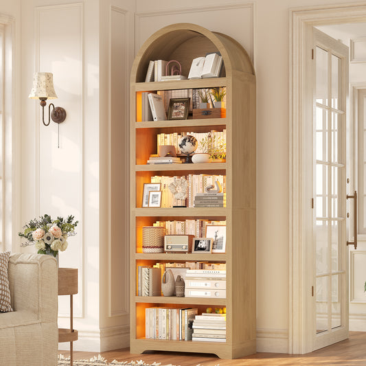 79.4" Tall Arched Cabinet, Modern 7-Tier Bookshelf with RGB Light and Adjustable Shelf, Oak