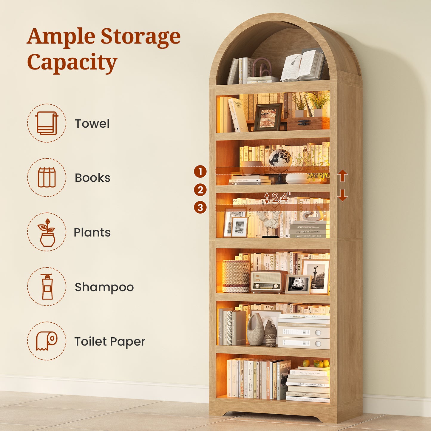 79.4" Tall Arched Cabinet, Modern 7-Tier Bookshelf with RGB Light and Adjustable Shelf, Oak