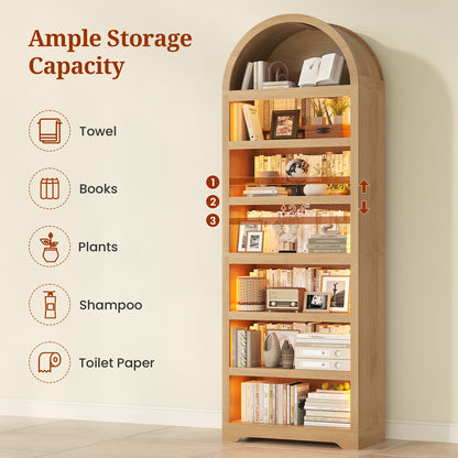 79.4" Tall Arched Cabinet, Modern 7-Tier Bookshelf with RGB Light and Adjustable Shelf, Oak