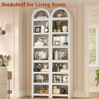 76" Tall Narrow Arched Bookcase, 7-Teir Mid-Century Modern Bookshelf with Adjustable Shelves for Living Room, Home Office, White