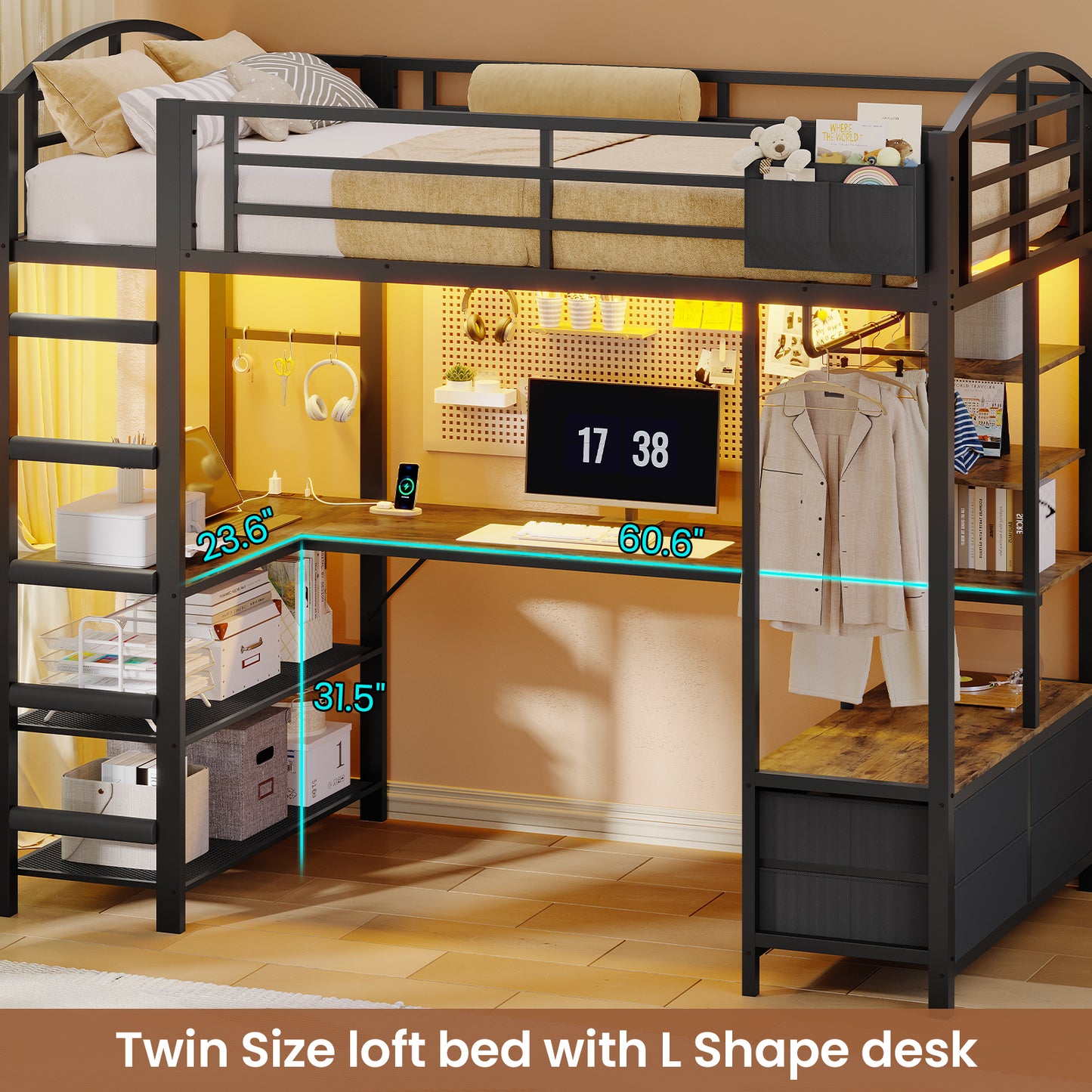 Twin Size Loft Bed with L Shaped Desk and 4 Drawers, Metal Bed Frame with Storage Shelf, Power Outlet and LED Lighted, No Box Spring Needed, Black